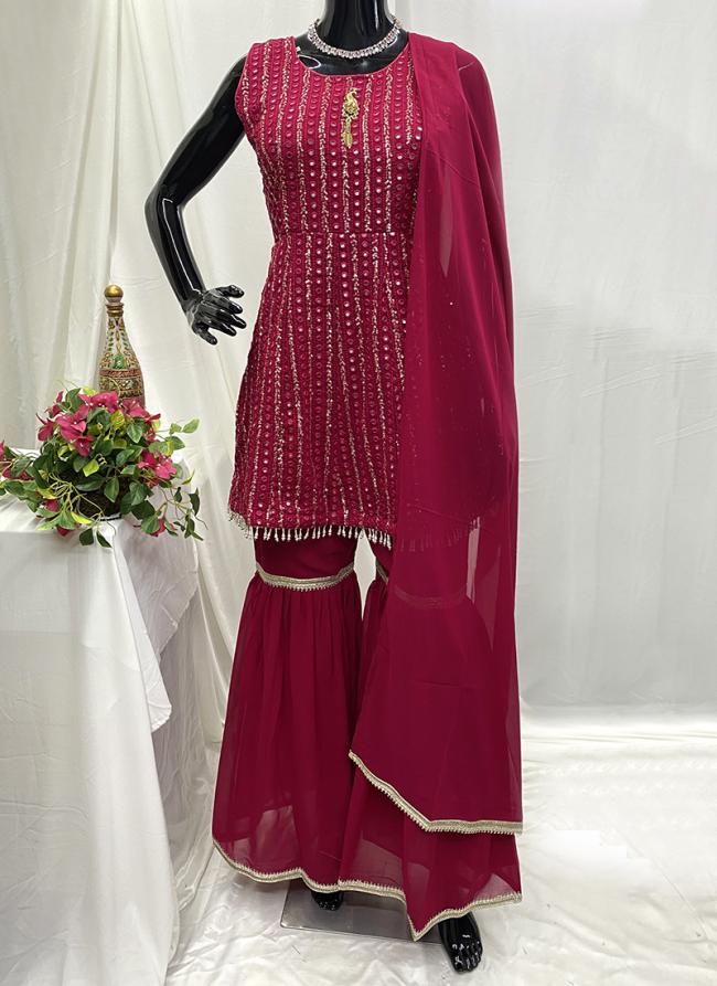 Georgette Rani Pink Reception Wear Hand Work Readymade Sharara Suit